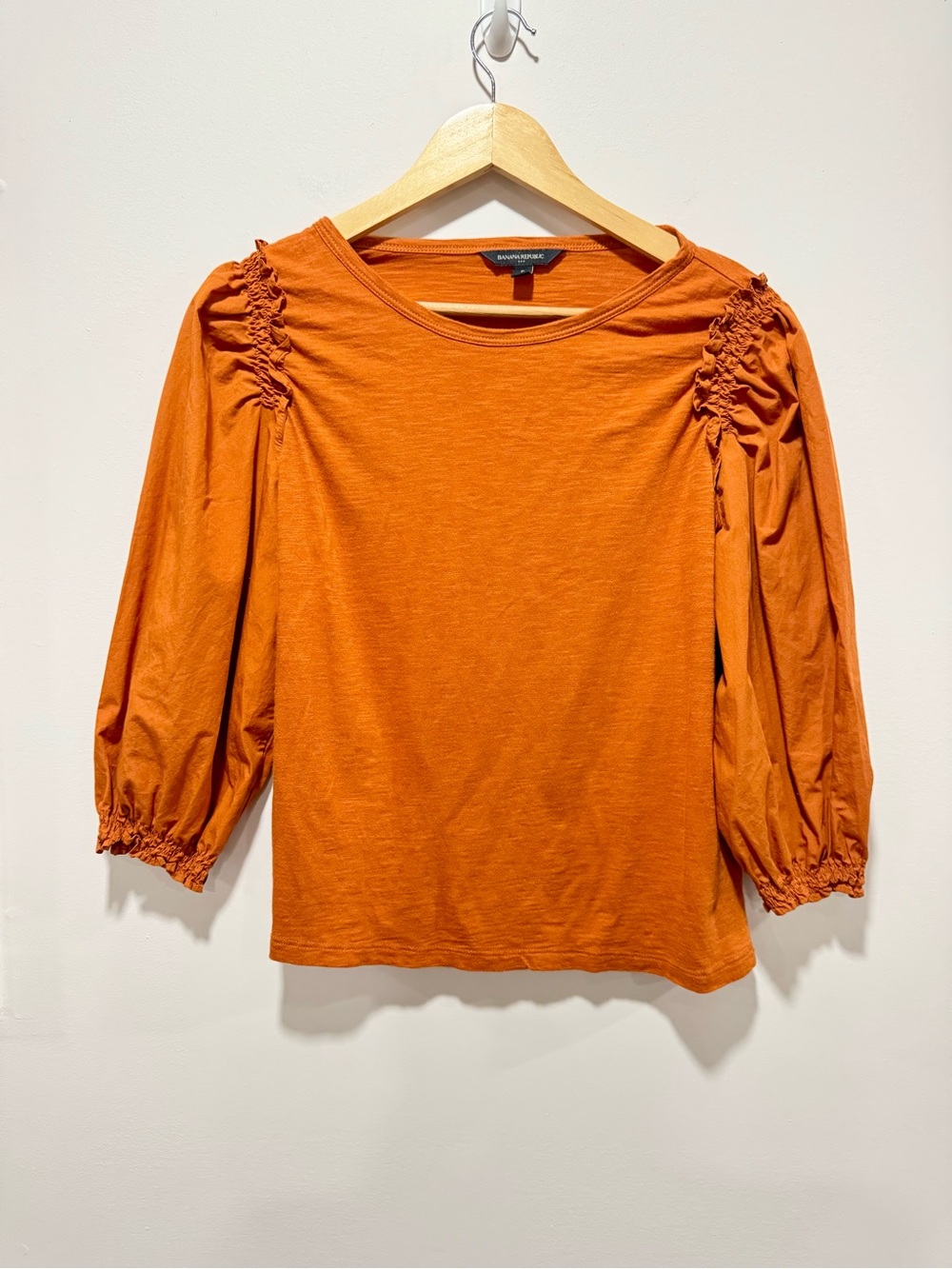 Banana Republic Rust‎ Smocked Sleeve Puff Top Mixed Media Crew Neck Size S